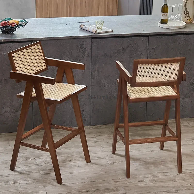 Nordic Simple Retro Bar Furniture Solid Wood Rattan Bar Chairs Home Creative Front Desk High Stools Modern Backrest Bar Chair