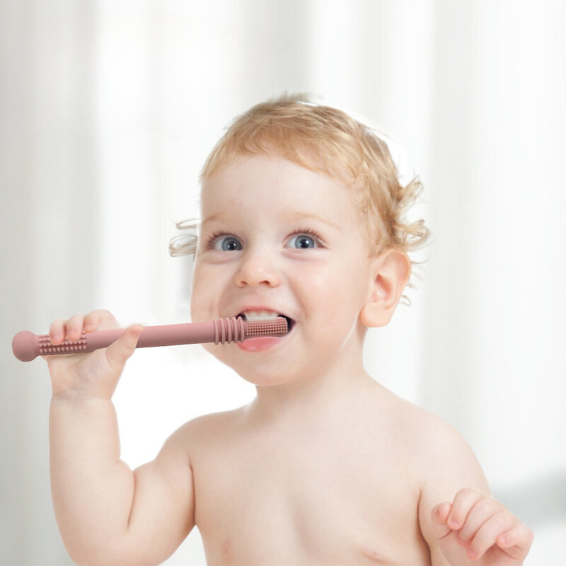 Silicone dentição brinquedo para bebê, dentição brinquedo com alça e palha, seguro e mastigável