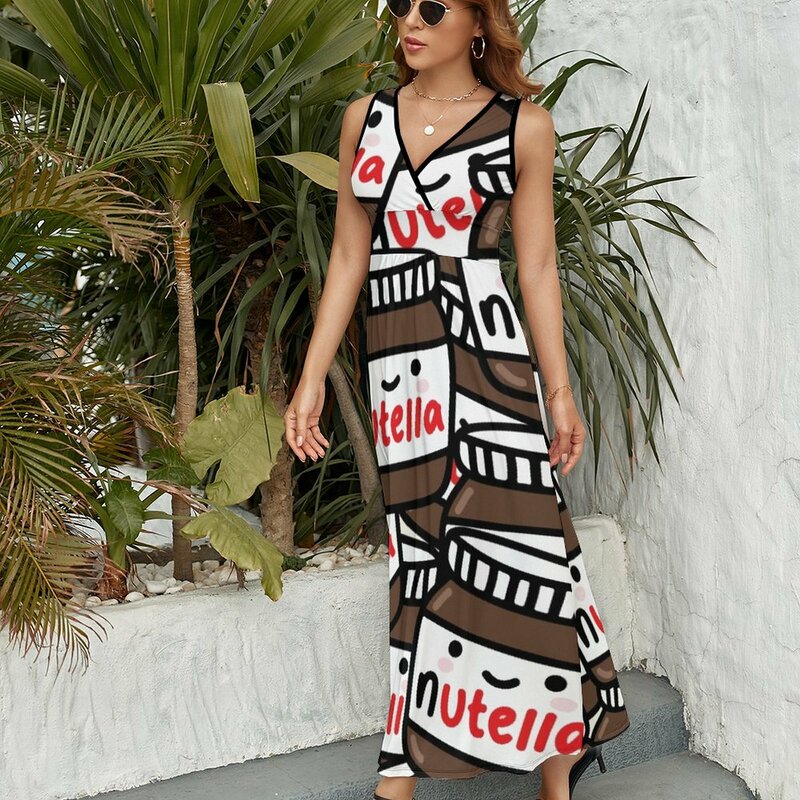 ¡Bonito patrón de Nutella! Vestido de noche sin mangas para mujer, ropa de verano, 2024