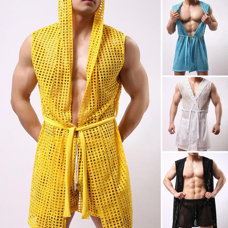 Robe de noite de malha sexy com renda masculina, camisola encapuzada, sem mangas, oca fora, loungewear, homewear, roupão de verão