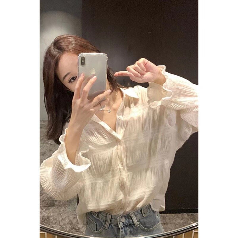 Miiiix Design Sense Pleated Loose Single Breasted Long Sleeved Shirt 2024 Summer New Solid Color Casual Versatile Bottom Top