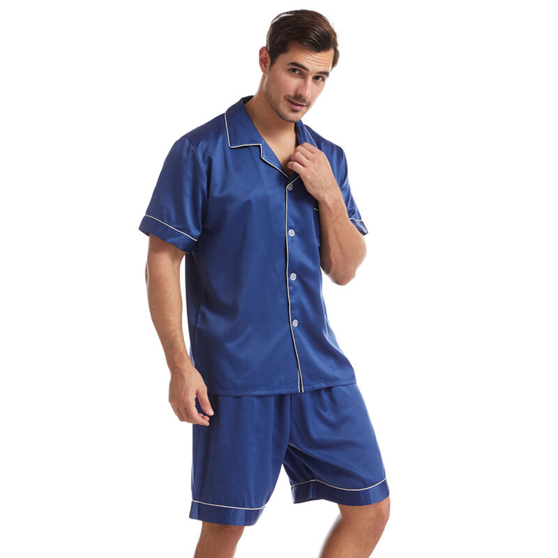 1set/lot man casual summer faux silk pajamas set female satin solid pajamas