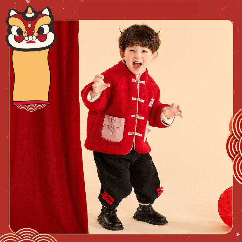 Pakaian Tahun Baru Cina untuk Anak-anak Bayi Set Musim Dingin Anak-anak Jaket Katun Celana Pakaian Tahun Baru Anak Laki-laki Tang Suit Pasang