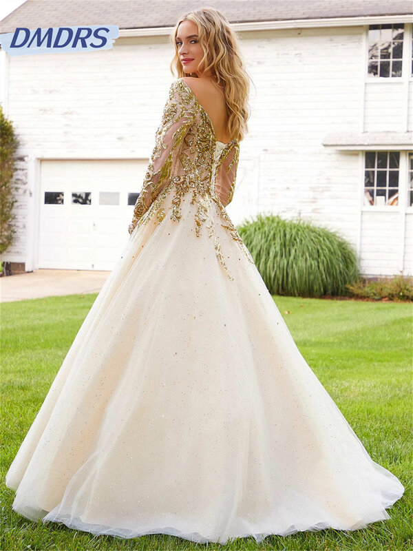Gaun pengantin lengan panjang romantis 2024 menawan dari bahu gaun pengantin gaun panjang selantai renda klasik Vestidos De Novia