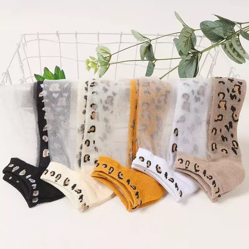 Calcetines finos transpirables con estampado de leopardo para mujer, medias invisibles de seda de cristal, de verano