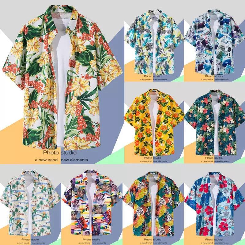 남성용 하와이안 셔츠, 옷깃 단추, 패션 인쇄, 반팔 꽃 셔츠, 레트로 홍콩 여름 휴가 비치 셔츠