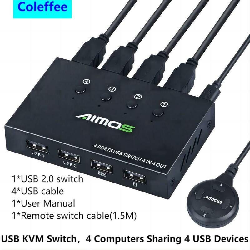 AIMOS-USB KVM Switch, 4 Portas, 4 Computadores Compartilhando, 4 Dispositivos USB, Troca de Um Botão, para Compartilhar Mouse, Teclado, Impressora, Scanner
