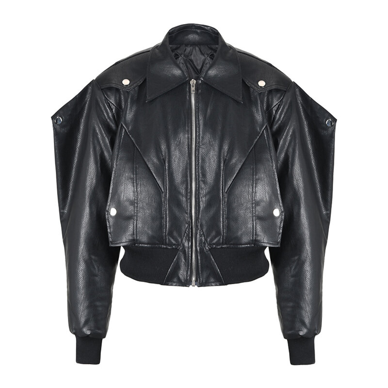 Jaket kulit PU untuk wanita, mantel katun pendek sepeda motor mode jalanan jaket kulit PU pakaian luar Y4791