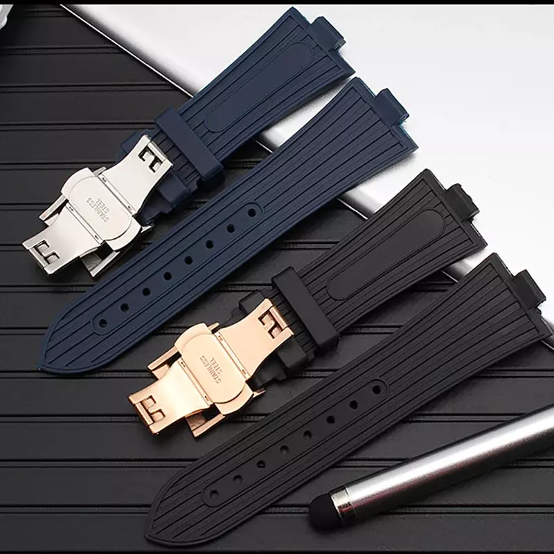 Tali jam tangan karet silikon cocok untuk vc Vacheron crisscross world seri P47040 tombol kupu-kupu pria 25mm
