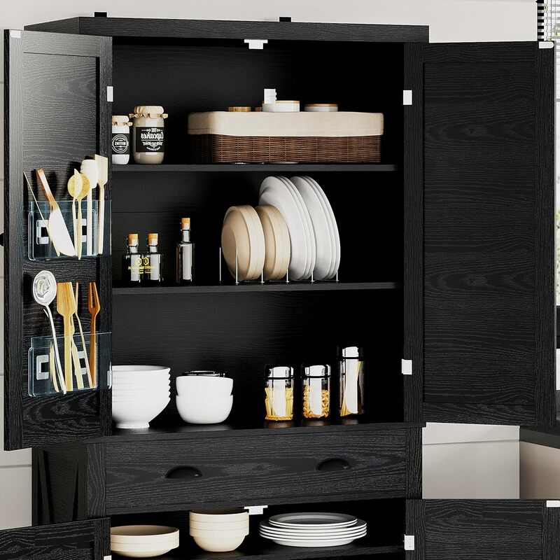 IRONCK Kitchen Pantry 72" Height,Storage Cabinet with Drawer, 4 Adjustable Shelves, Barn Doors, Freestanding Cupboard, Black