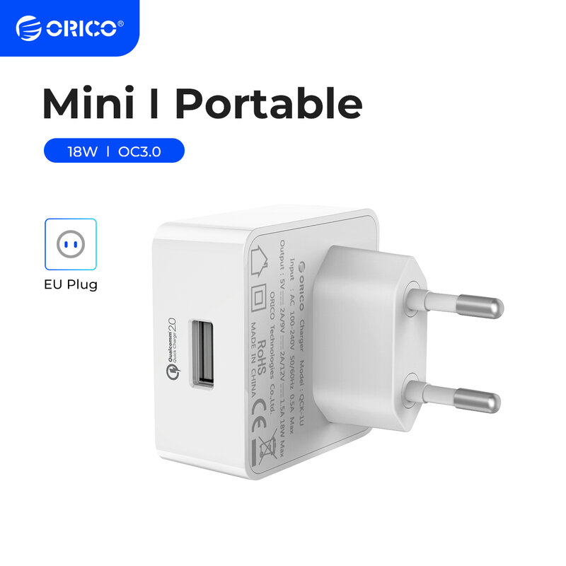 Orico QC2.0/QC3.0 18W Quick Charger Usb Wall Charger Travel Adapter Voor Iphone Samsung Xiaomi Huawei Met Micro usb Kabel