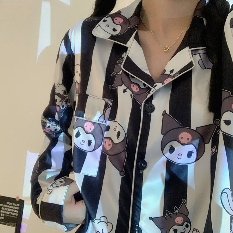 Sanrio Kuromi Hello Kitty ścieg piżama Oversize Y2k nowy koreański styl kobieta wiosna lato luźne jedwabne komplet piżamy 2 sztuki ubrania