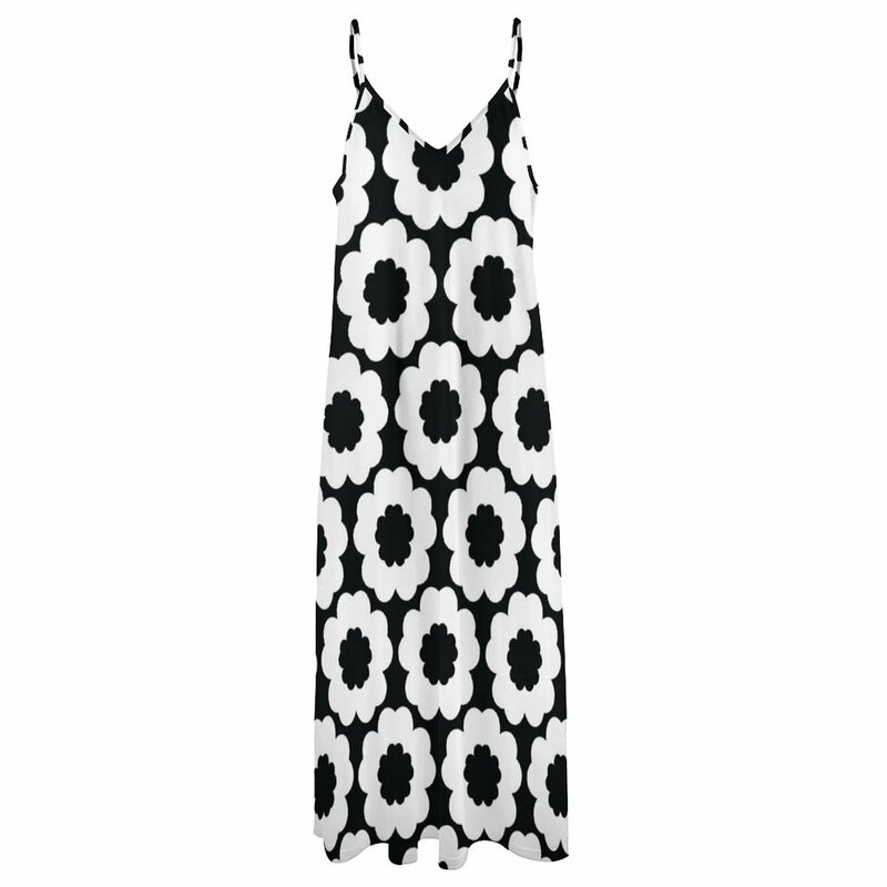 Gaun tanpa lengan Motif bunga Retro hitam putih, gaun pantai wanita motif pola mulus