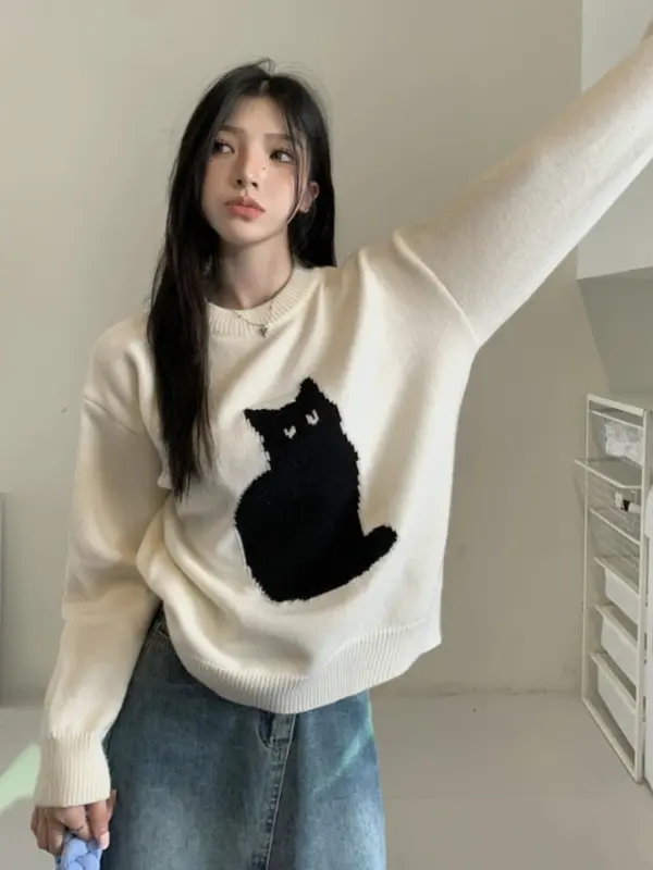 Japoński słodki kot kreskówkowy dzianinowy sweter kobiety ciepły sweter kobiety luźny dzianina w stylu Vintage modny Top Kawaii dla dziewcząt w zimie nowy