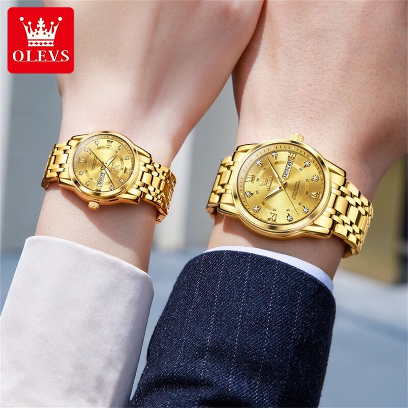 OLEVS relógio impermeável para casal, par para homens e mulheres, relógios de aço inoxidável, relógios luxuosos de pulso de ouro, 2023