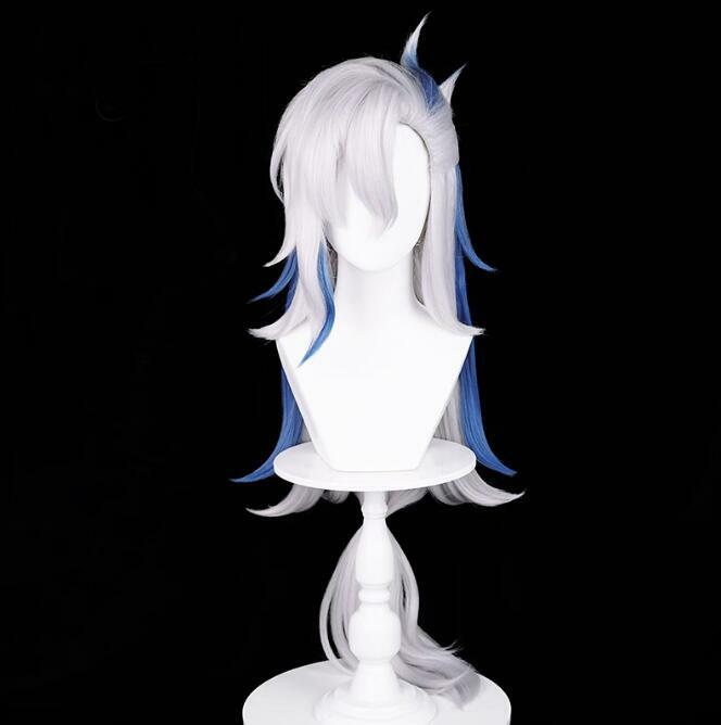 Neuvillette Peluca de Cosplay de fibra sintética, juego Genshin Impact, pelo largo azul mezclado, plateado-blanco