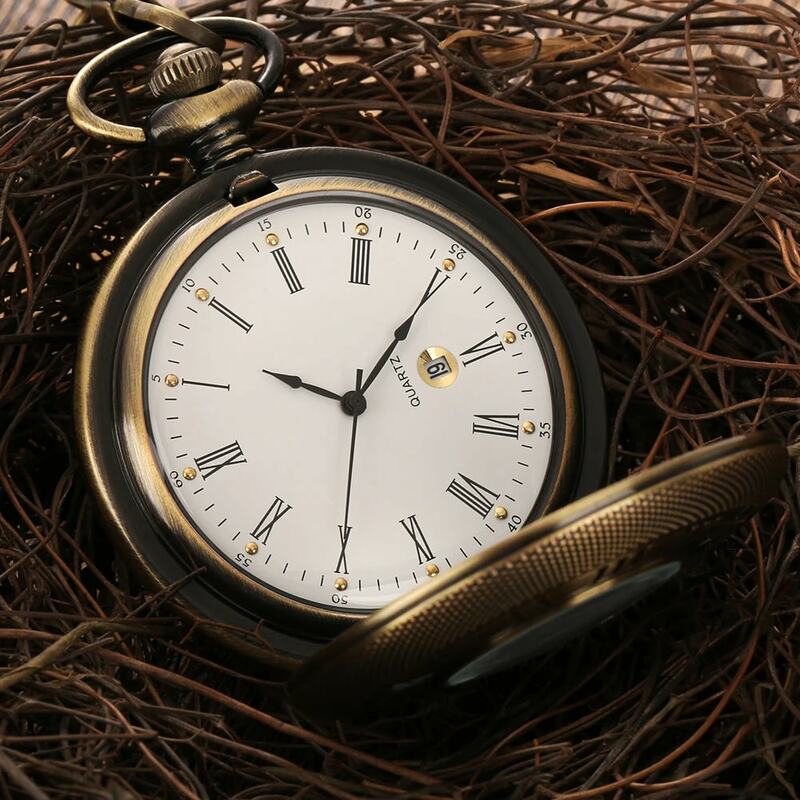 Reloj de bolsillo con fecha para parejas, cronógrafo minimalista de cuarzo con números romanos, con calendario, color negro, dorado, plateado y bronce