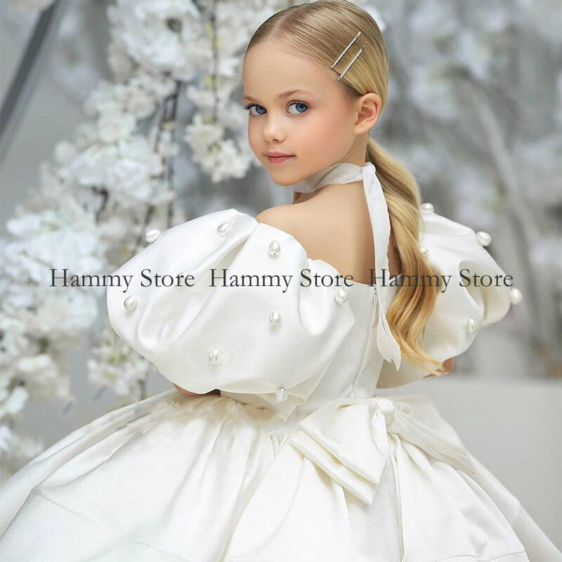 2022 vestido da menina flor colher pescoço puff meninas vestidos de festa para o casamento mangas curtas cetim crianças natal cerimonial vestido