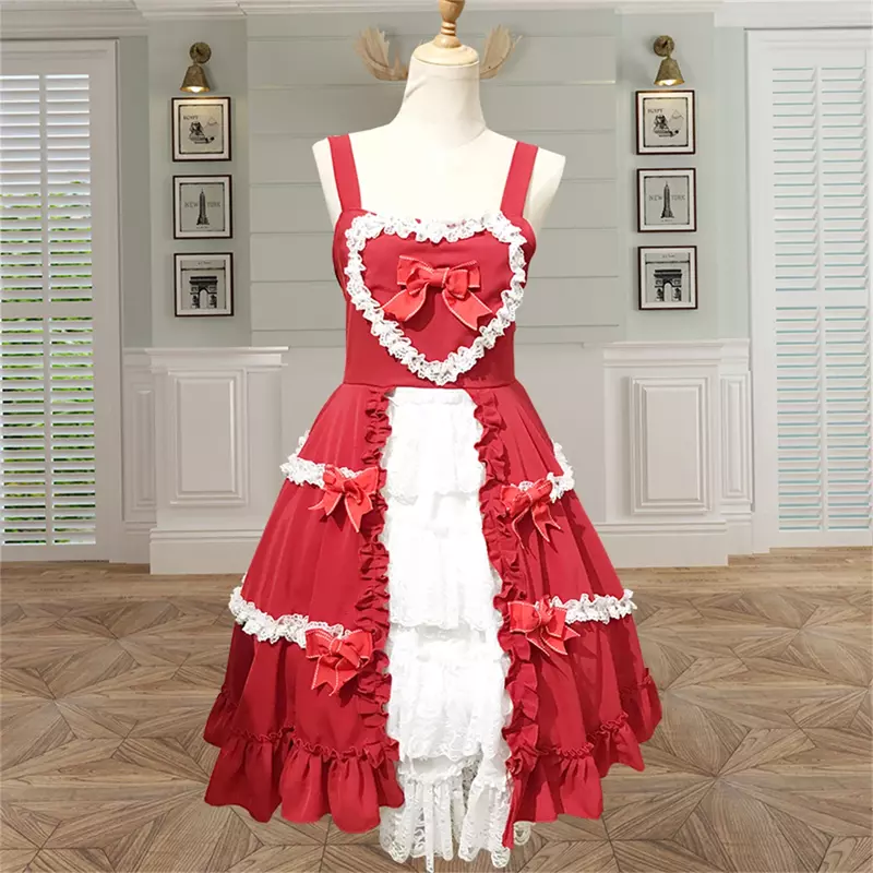 French Retro Style Lolita Jsk Gothic Girls Cosplay Lace Flounces Mesh Yarn Love Bow Flowers Backless Sweet Cake Dress