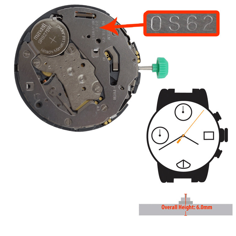 0S62 Movement Miyota 0S62 Movement date display at 3:00 Has three small second hands