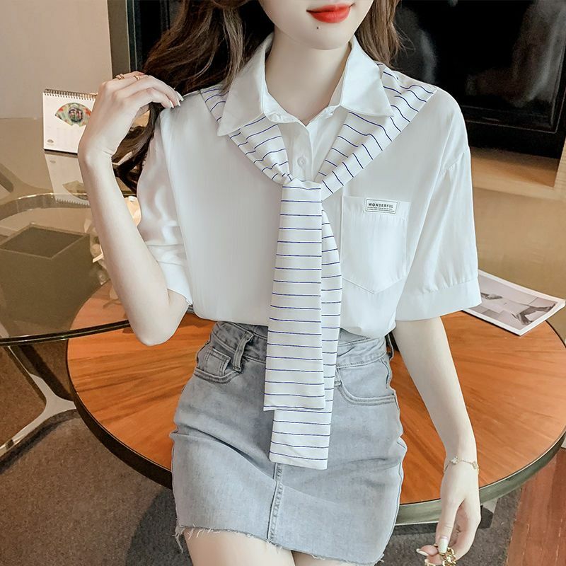 Blusa de gasa a rayas con cuello tipo Polo para mujer, camisa de manga corta con botones, Color liso, 2024