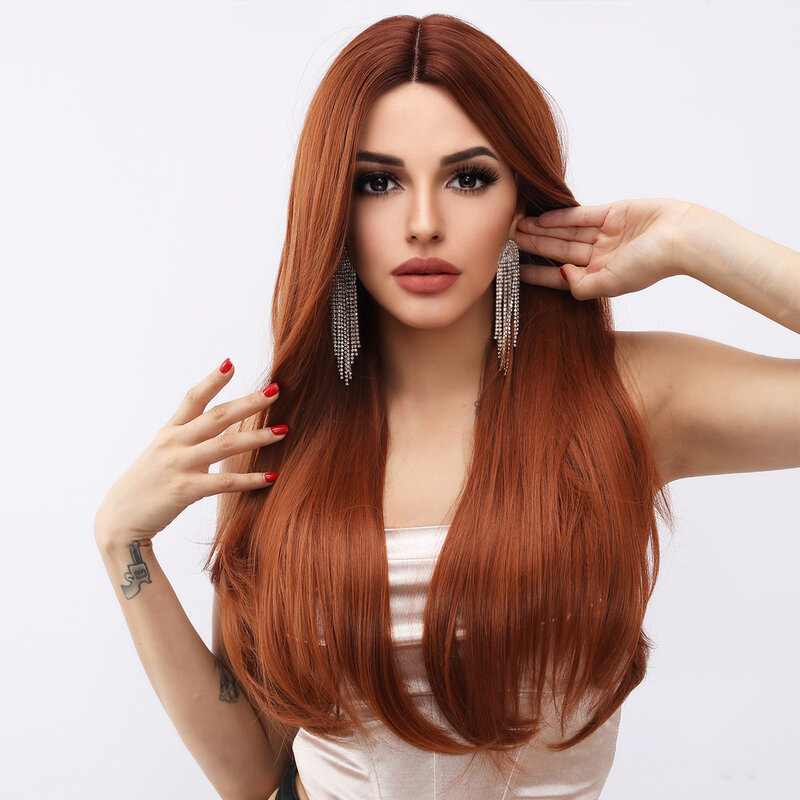 Smilco Orange Synthetic Lace Front Long Straight Wigs For Women Invisible Lace Front Preplucked Wig Daily Heat Resistant Hair
