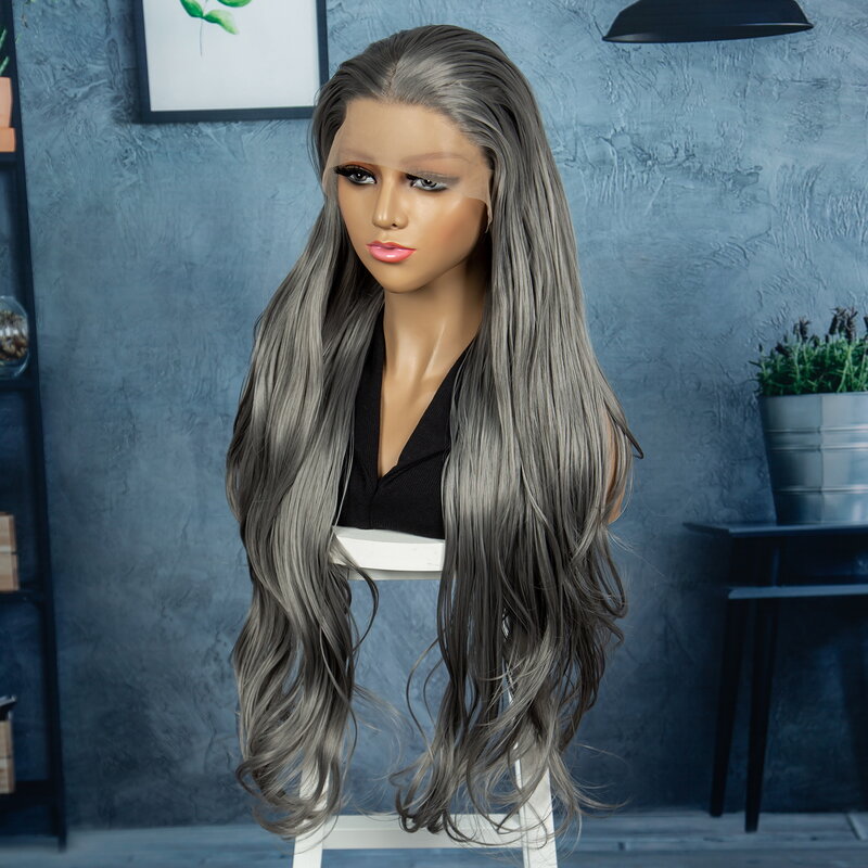 Peluca de cabello sintético con malla frontal para mujer, postizo ondulado Natural de 34 pulgadas, color gris y plateado, resistente al calor