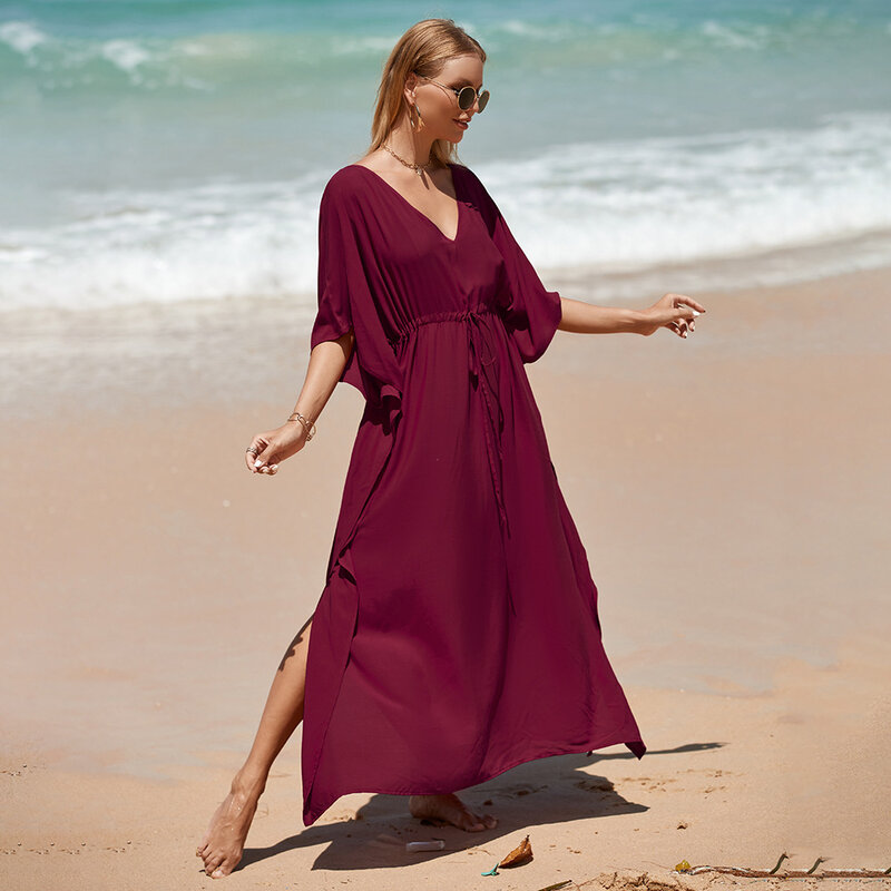 2023 wiosna lato koszula plażowa Rayon wiązanie w pasie wakacje suknia Bikini ochrony przeciwsłonecznej koszula kobiety płaszcz plażowy wino czerwone