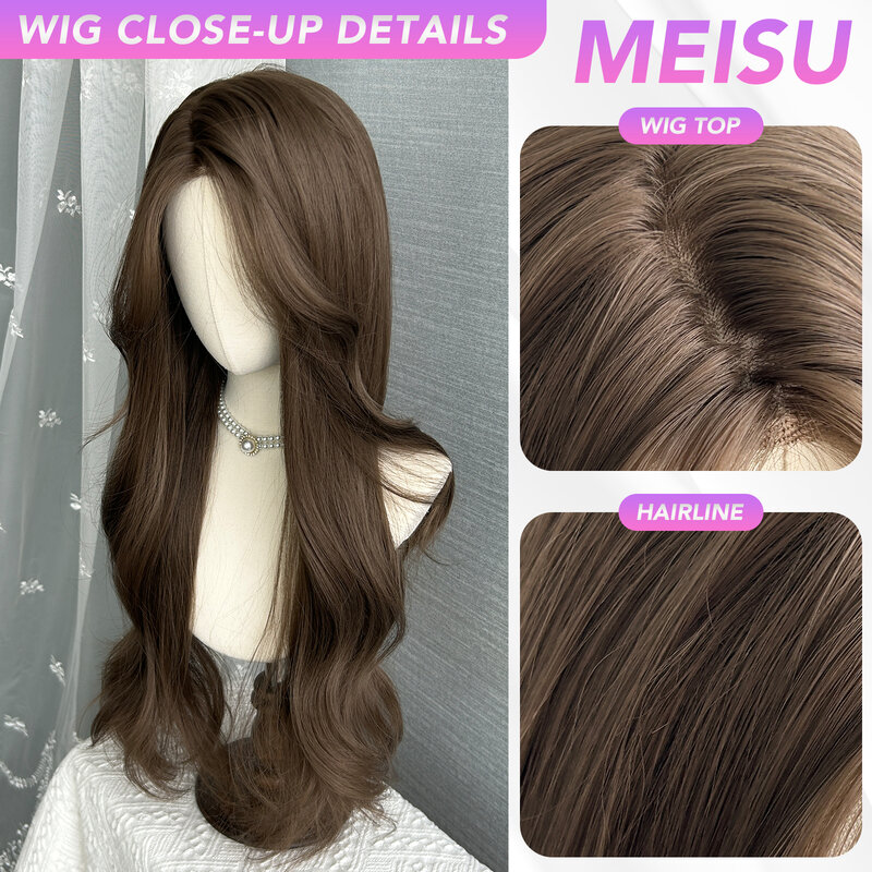 MEISU-pelucas de encaje frontal marrón para mujer, pelucas rizadas de fibra sintética resistente al calor, pelucas realistas lisas naturales para fiesta, 26 pulgadas