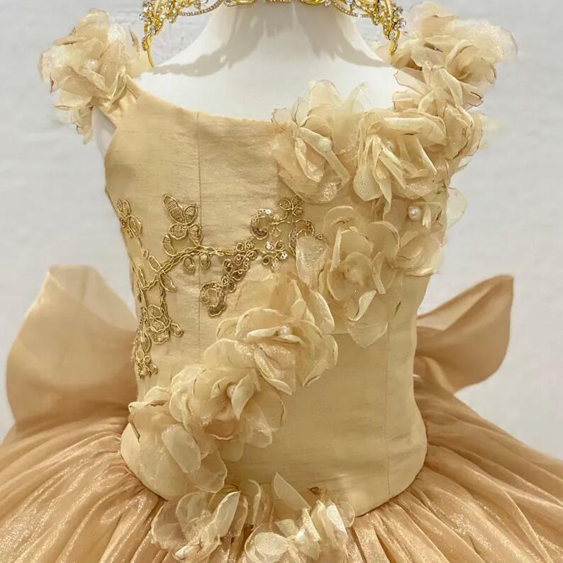 Vestido luxuoso da flor do ouro para meninas, Fora dos apliques do ombro 3DFlower vestidos de baile, Vestido bonito da criança