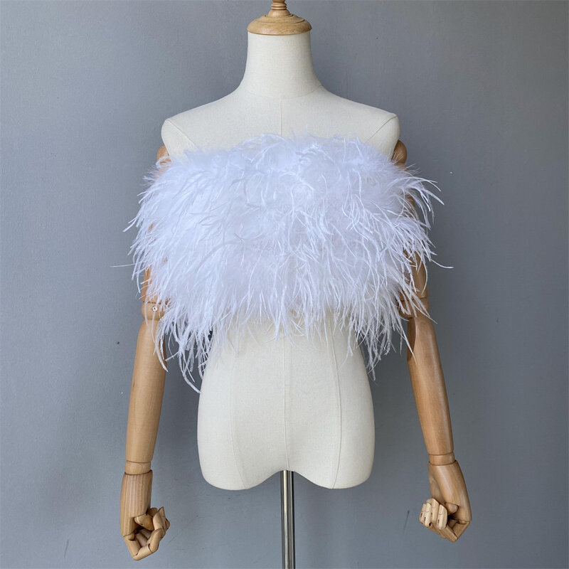 Jaxmonoy Summer Ostrich Feather Top Bra Women Wedding Natural Feather Tube Ladies Spring Long Hair Fluffy Underwear Famale New