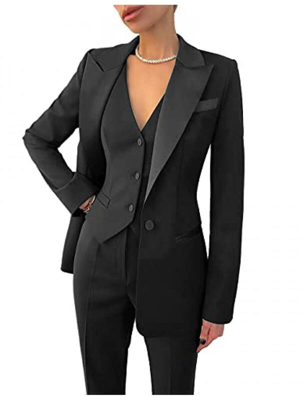Czarne kobiety garnitur 3 sztuk biznes wycięcie klapy pojedyncze piersi Blazer dla odzież do pracy biurowej damska odzież (marynarka + kamizelka + spodnie) zestaw