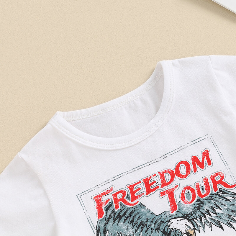 T-shirt de manga curta para menino 4 de Julho, equipamento com letra de águia, risca, estrela, calção, outfit