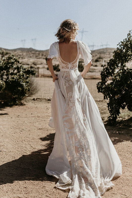 Vestido de novia de encaje con escote en V profundo sin mangas, foto Real Vintage, bohemio, sirena, espalda descubierta