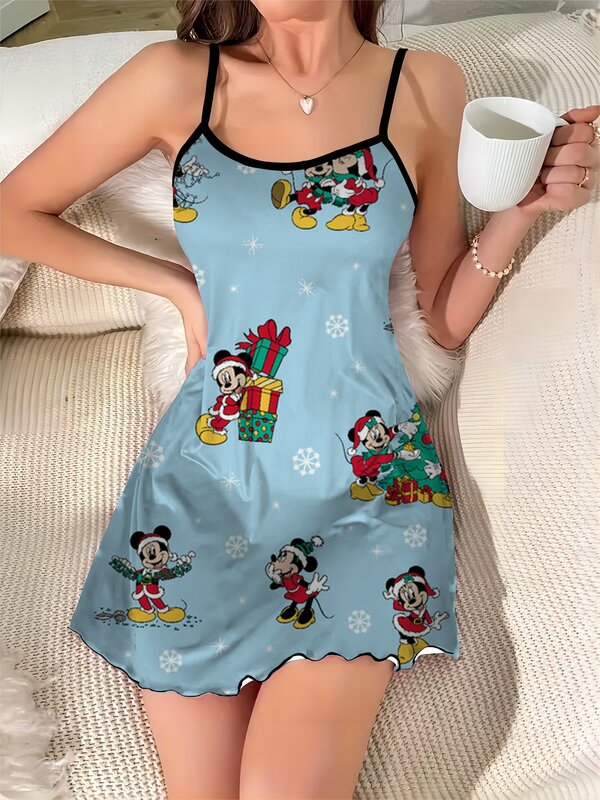 Vestido corto elegante de Minnie Mouse, falda de pijama con cuello redondo y ribete de lechuga, superficie de satén de Mickey de Disney, moda de verano, 2024