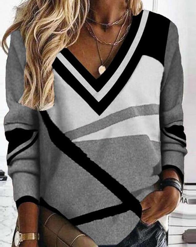 Camisola de manga longa com estampa geométrica feminina, pulôver diário gola v, roupa casual para outono, moda