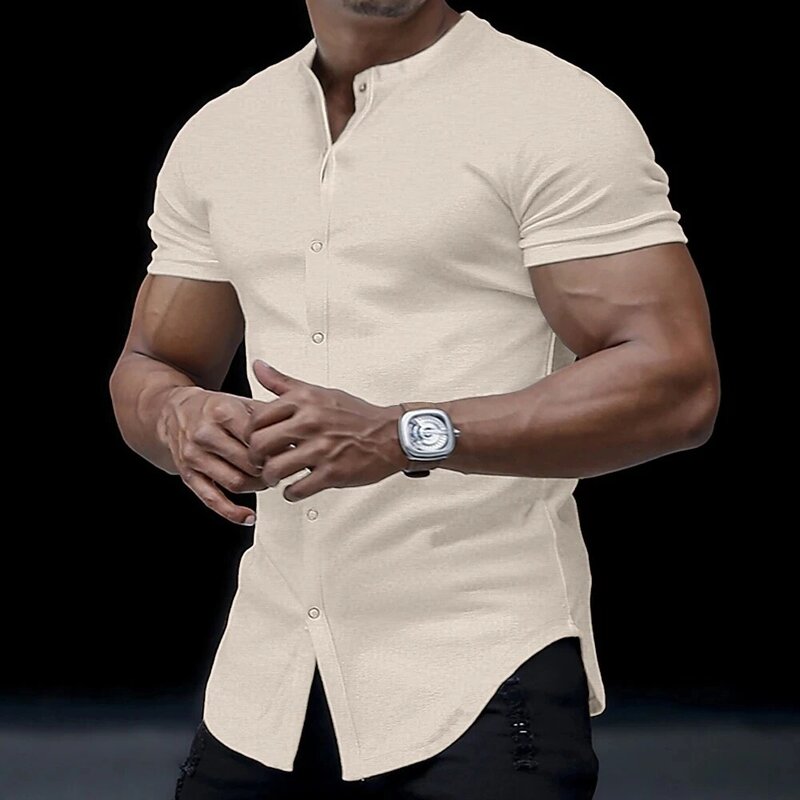 Рубашка мужская с короткими рукавами, качественная формальная сорочка с бриллиантами, на пуговицах, однотонная Классическая приталенная Повседневная, с отложным воротником