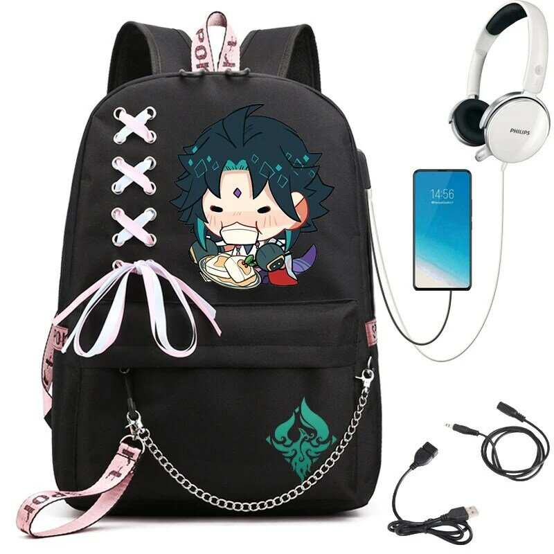 Genshin Impact Bookbag mochila escolar para niñas, mochila para estudiantes universitarios, bolsa para computadora portátil, Genshin Impact Xiao, mochila para adolescentes