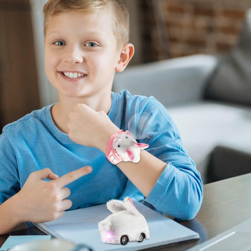 Mini reloj de coche eléctrico de juguete para niños, 2,4 Ghz, conejito de peluche, desmontable, carga USB, coche Rc con luces traseras