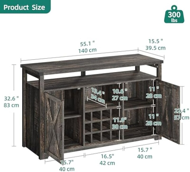Барный шкаф со встроенными светильниками, 55 дюймов, буфетный шкаф для кафе и бара в фермерском стиле с хранилищем, шкаф для ликера с ТВ-скамьей