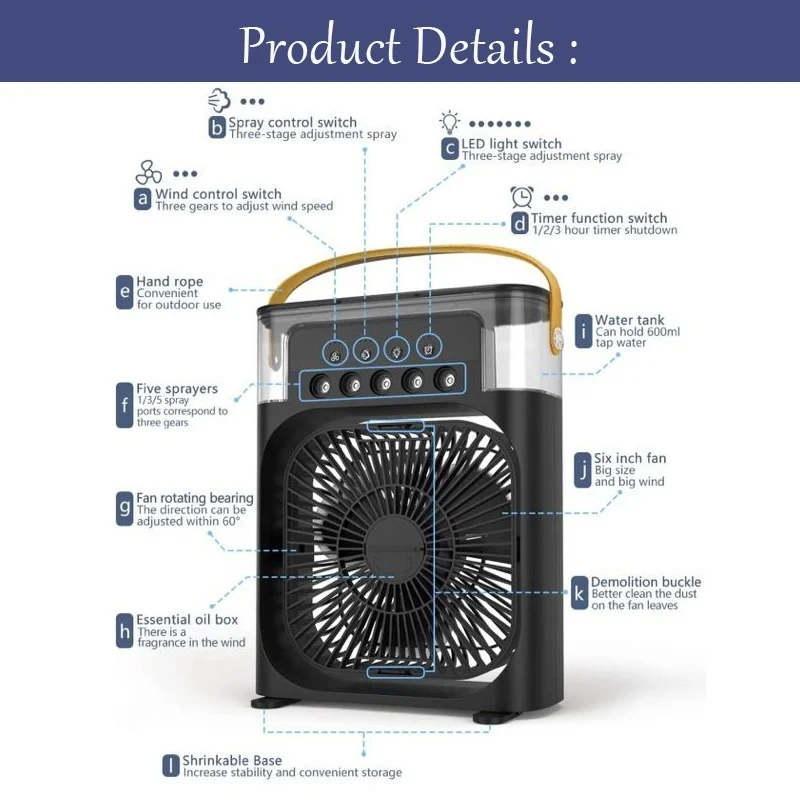 Ventilador de aire acondicionado portátil, minienfriador de aire evaporativo con luz LED de 7 colores, temporizador de 1/2/3 H, 3 velocidades de viento y 3 modos de pulverización