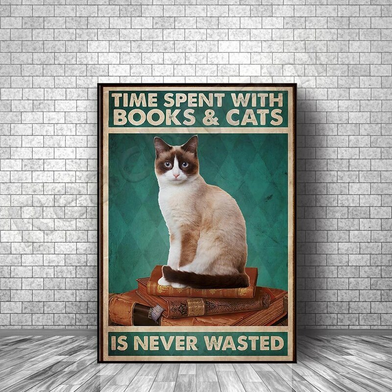 Time spent on books and cats is never wasted, cat poster, book lovers art print, cats love wall art poster
