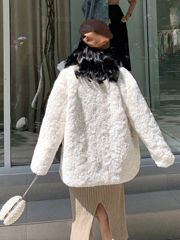 Autumn Winter Lamb Cashmere Coat Horn Buttons Stand Collar Thick Warm Long Sleeve Furry Outwear Lady Elegant White Jacket