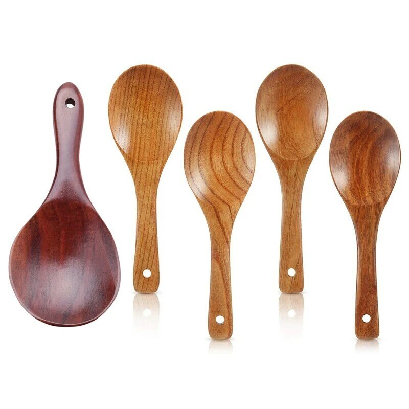 1X cucchiaio di legno di Teak cucchiaio di riso in legno massello naturale e cucchiai di legno da 4 pezzi cucchiaio da portata Versatile in legno da 21.5Cm
