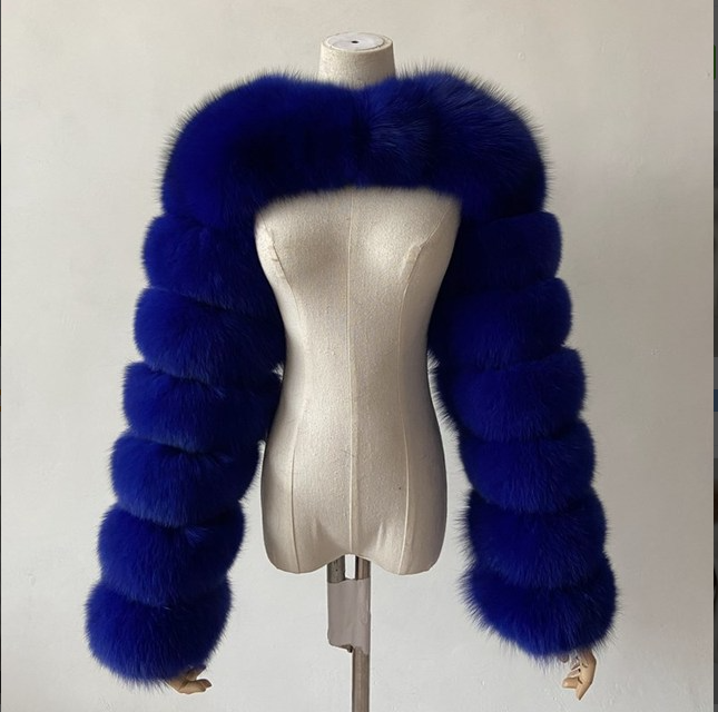 Jaket Bulu Palsu Super Pendek Wanita Mantel Bulu Rubah Palsu Mewah Musim Dingin Mode Jaket Lengan Panjang Ramping Wanita Atasan Hangat