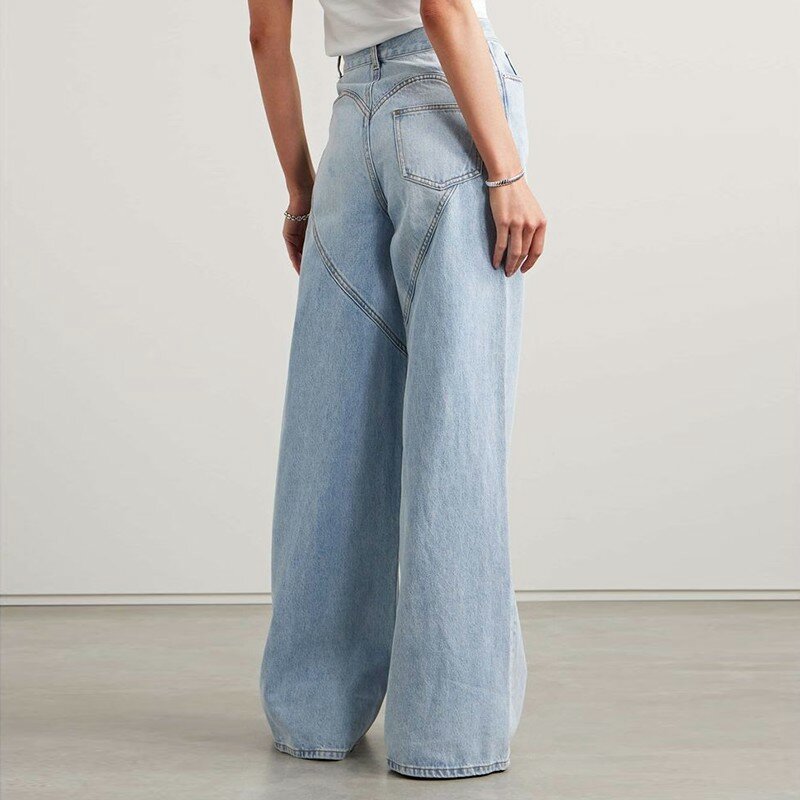 Big pakaian wanita, Jeans Hollow Out kasual untuk wanita High Waist Patchwork berlian minimalis Solid longgar kaki lebar