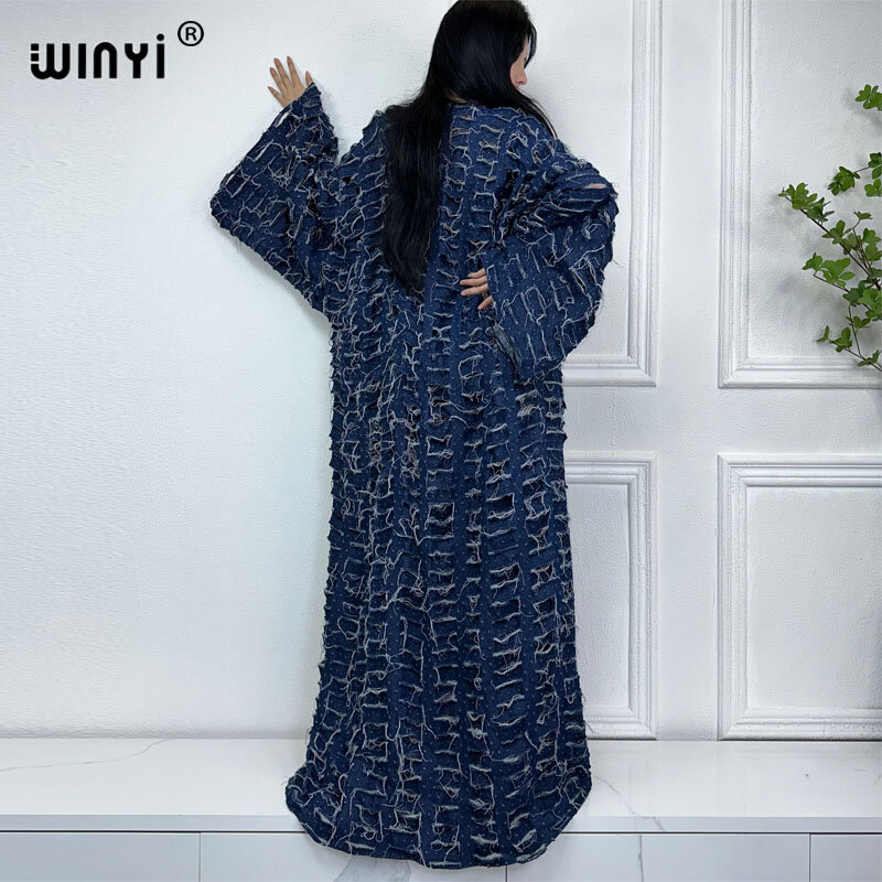 WINYI-abrigo largo vaquero para mujer, prenda de vestir, holgada, ahuecada, de plumón, estilo kimono, para otoño e invierno, novedad de 2023