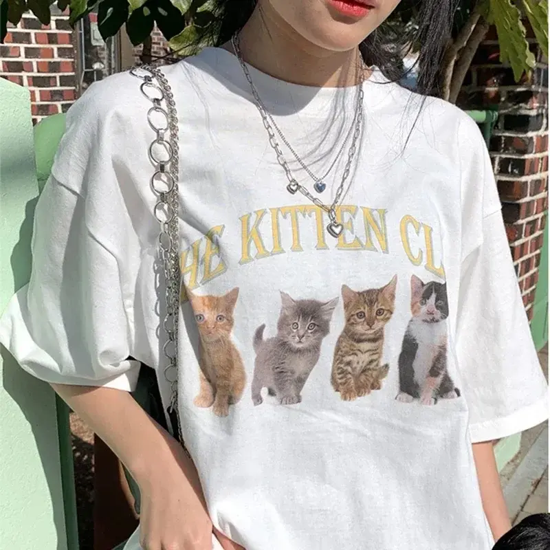 Kaus wanita Kawaii ukuran besar kaus wanita Streetwear klub kucing kaus Wanita lengan pendek putih kaus atasan Grunge lucu Korea kaus Y2k