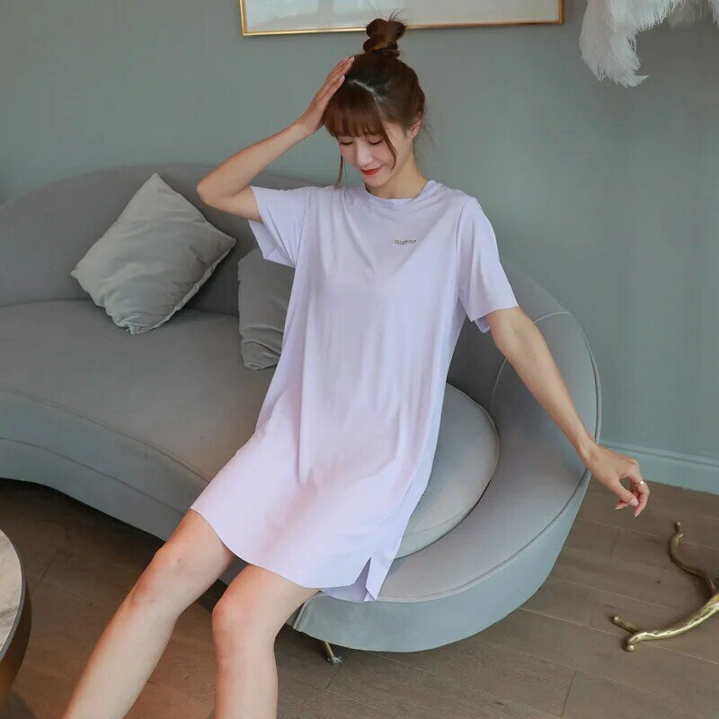Summer Solid Basic Night Dress Women Short Sleeve Nightgown Causal Loose Good Elastic Sleepshirts Nightdress Sexy Sleepwear