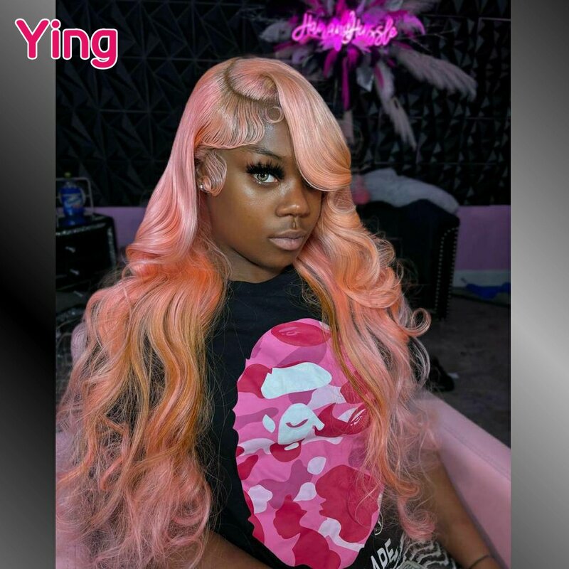 Ying arancione rosa colorato 200% onda del corpo 13x4 parrucca frontale in pizzo prepizzicata con i capelli del bambino 13x6 parrucca anteriore in pizzo trasparente 34 pollici